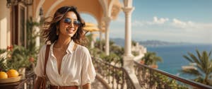 Woman on a balcony, enjoying the sun