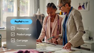 Two business owners reviewing plans beside a PayPal Pay Later checklist showing homepage, product page and cart page messaging.