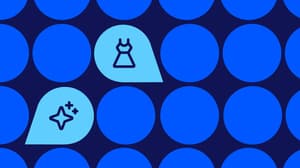 Pattern of blue circles on a dark navy background, with two circles replaced by speech-bubble-style icons: a dress and a sparkle/AI icon.