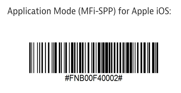 Image of a barcode with the text Application Mode (MFi-SPP) for Apple iOS