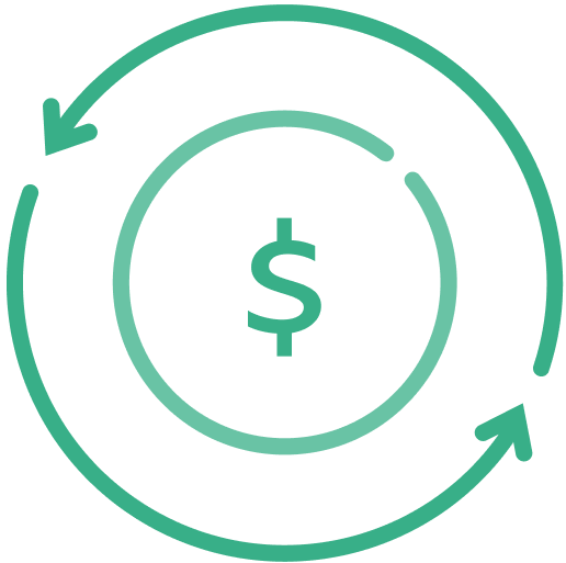 Dollar symbol and lines with arrows represent the movement of money