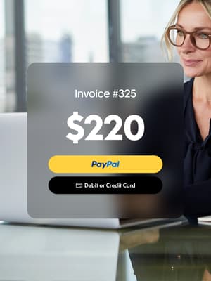 Person working on computer with overlay of invoice #325 for $220 with PayPal button and Credit Card button
