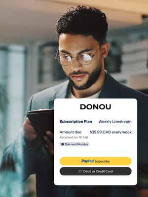 Business owner working on a tablet from their space; tile of Donou subscription plan cost and a PayPal subscribe button