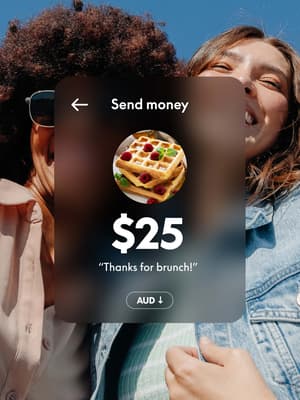 Photo of a two friends in front of a blue sky with a graphic of a $25 AUD payment for brunch