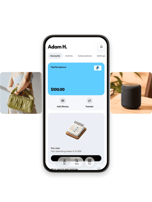 Mobile phone showing PayPal balance with tiles of different items for purchase