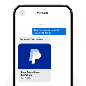 Captura de pantalla de un móvil con una conversación de mensajes de texto; un mosaico mostrando la apariencia de tu enlace de PayPal.Me al compartirlo.