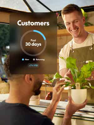 Three image cards showing: a plant shop seller with an overlay of customer information, a woman holding a basket of flowers, and a hand placing an item in a cardboard box with an overlay of an invoice.