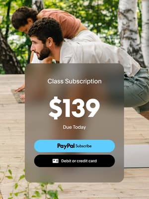 Two people doing yoga with a PayPal Subscribe button overlay